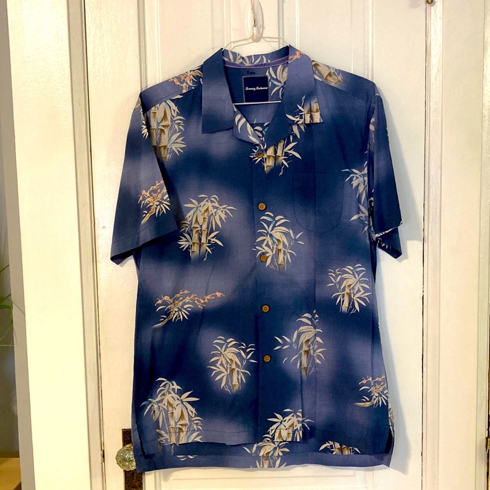 Tommy Bahama Blue Bamboo Floral Hawaiian Tropical Camp Short-Sleeve Shirt - Sz L